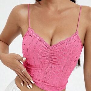 (3 for 15) Eyelet Embroidery Lace Trim Ruched Bust Cami Top / size s